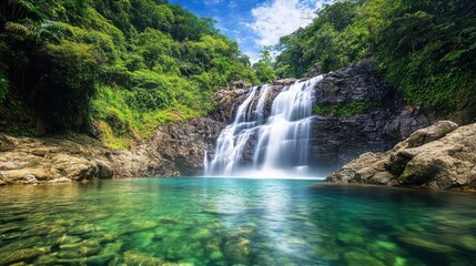 Fototapeta premium Serene Waterfall Cascading into Crystal-Clear Emerald Pool Lush Tropical Rainforest Landscape Photography