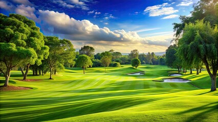 Obraz premium Course featuring lush green trees and grass with a beautiful landscaped design , tree, grass, landscape, green, nature, outdoor