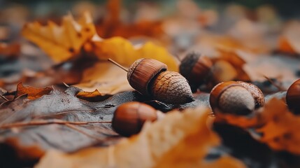 Acorns surrounded by autumn leaves on a wet surface.