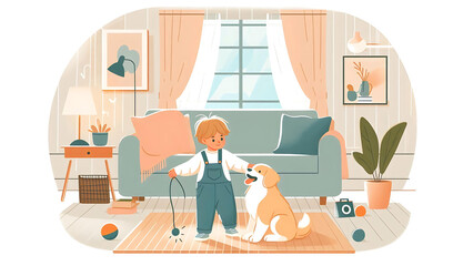 Fototapeta premium Child and Dog in a Cozy Living Room