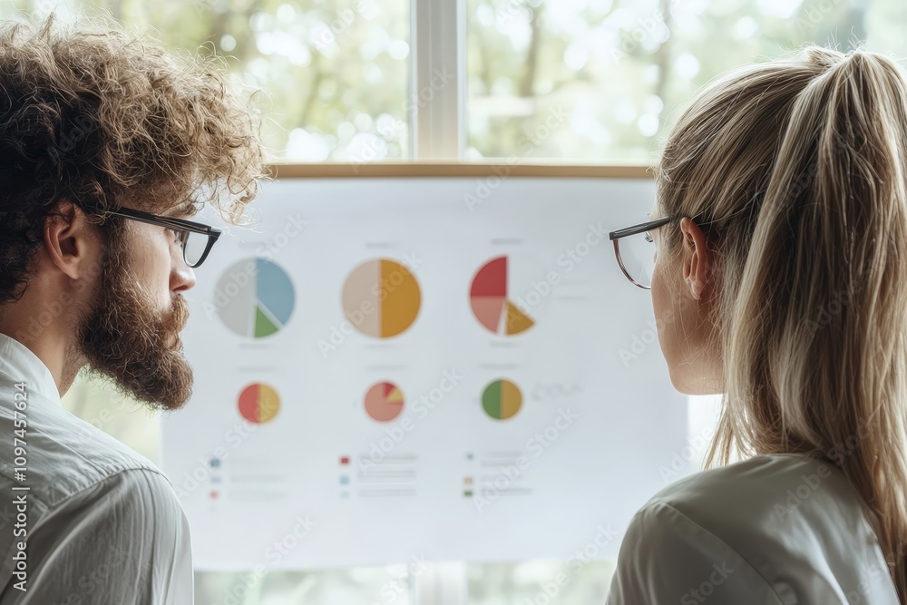 Poster diverse multiracial team discussing colorful segmentation charts while reviewing data for business s