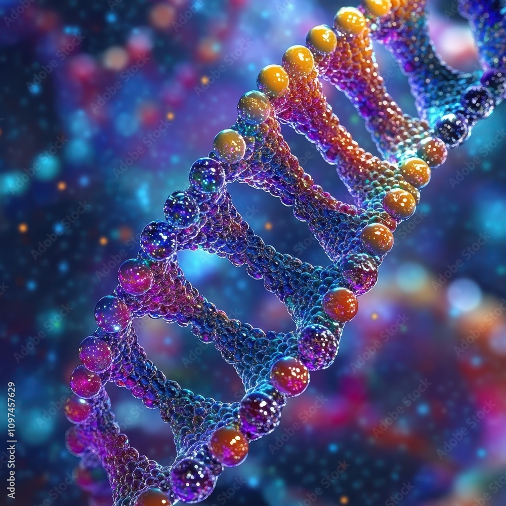 Poster vibrant 3d render of dna double helix close-up microscopic view of genetic code with colorful nucleo