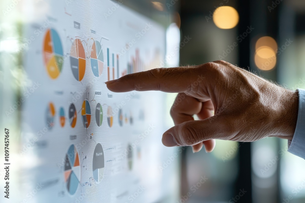 Aufkleber professional adult analyzing segmentation chart on digital screen with finger pointing, data visuali