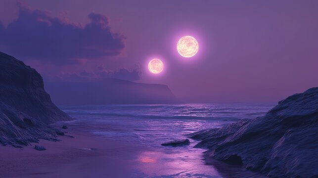 Surreal Coastal Landscape with Double Pink Moons at Dusk Dreamlike Fantasy Seascape