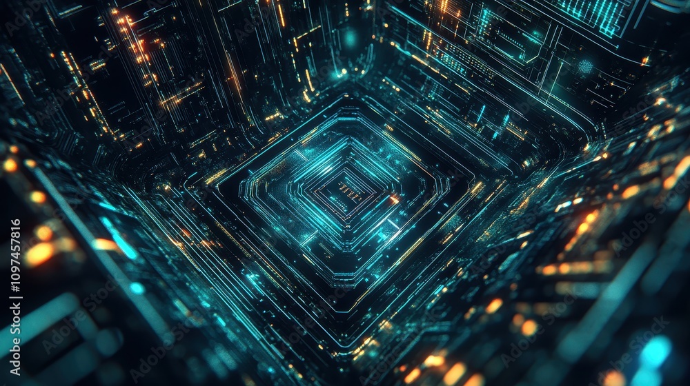 Poster abstract futuristic digital technology background glowing teal and orange circuitry lines in a 3d sq