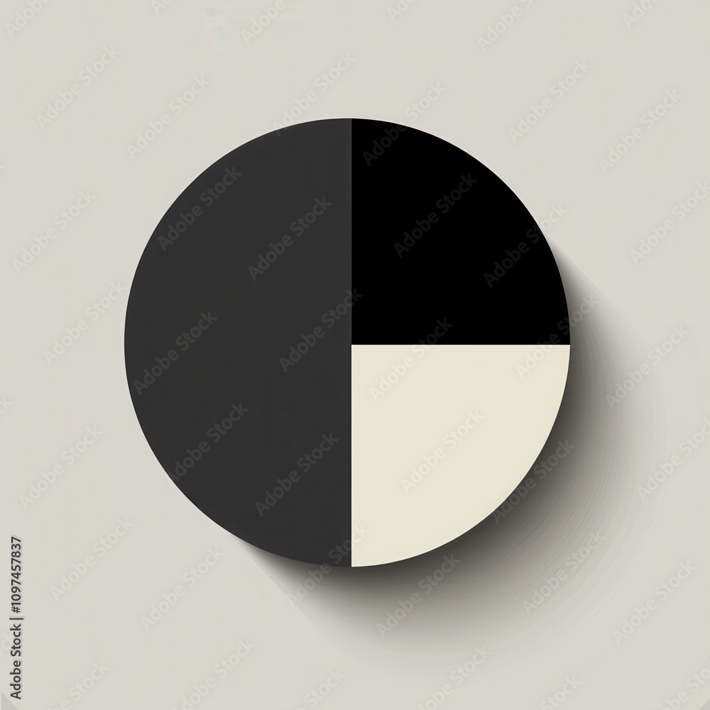 Poster abstract circular graphic design element half black, half beige with drop shadow, modern minimalist 