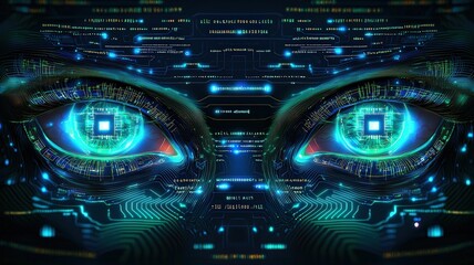 Obraz premium A digital representation of futuristic eyes surrounded by glowing data and code, evoking themes of technology, artificial intelligence, and cybernetics.
