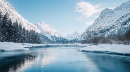 Fototapeta premium 冬天雪山湖泊河流大雪冬日暖阳