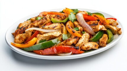 Fototapeta premium A mouthwatering plate of chicken fajitas sizzling with seasoned chicken strips, bell peppers, and onions