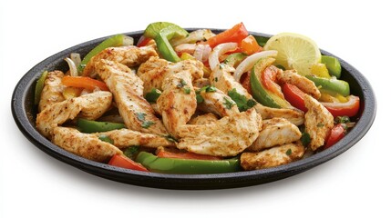 Fototapeta premium A mouthwatering plate of chicken fajitas sizzling with seasoned chicken strips, bell peppers, and onions