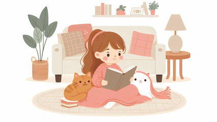 Girl Reading with Cats in a Cozy Living Room