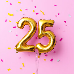 Golden foil number 25 balloons with confetti on a pink background in a minimalist style, real...