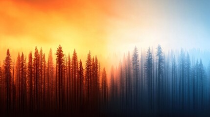 A stunning landscape showcasing a gradient from warm orange to cool blue, featuring silhouettes of tall trees against a mystical backdrop.