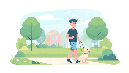 Boy Walking His Dog in a Green Park