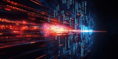 Fototapeta premium A vibrant, abstract representation of data flow, featuring bright streaks of light against a dark background, symbolizing speed and technology.