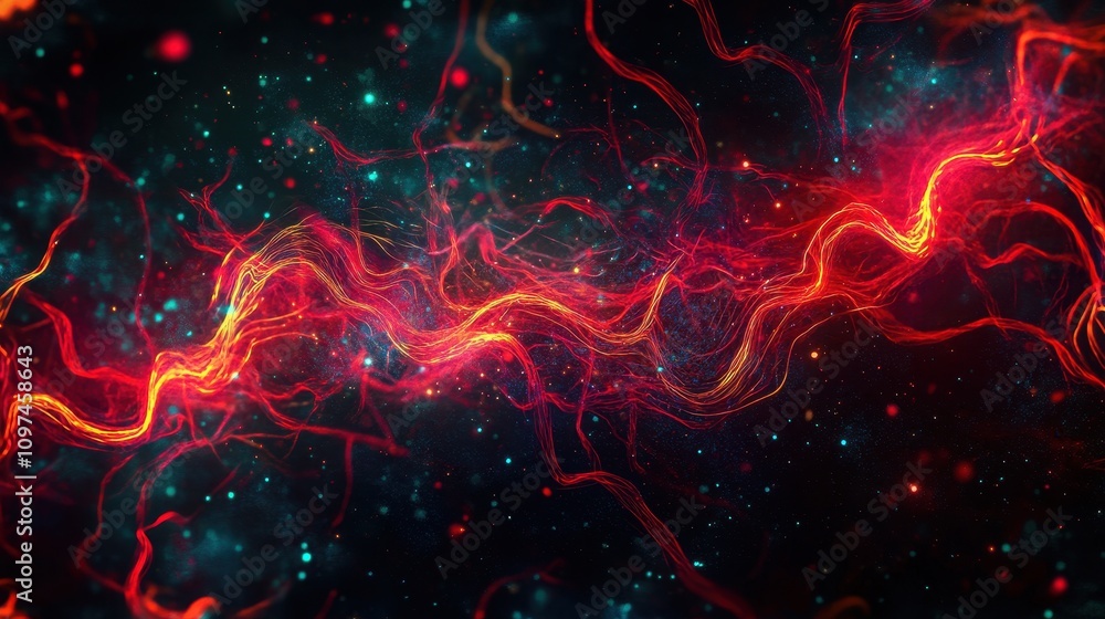 Poster abstract red and teal energy stream background glowing cosmic nebula with dynamic light trails and s
