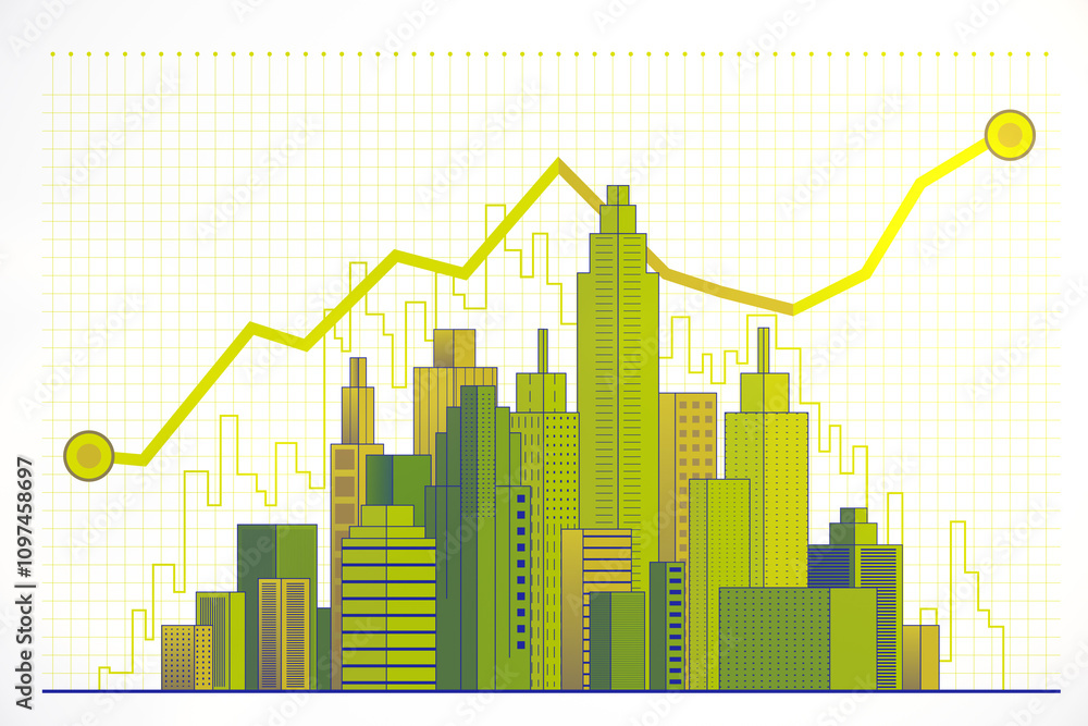 Poster abstract cityscape with skyscrapers and upward trend line on grid background, symbolizing business g