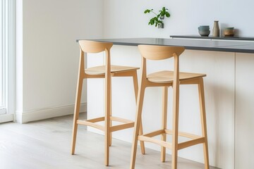 A minimalist kitchen scene featuring two wooden bar stools and a sleek countertop with decorative items, emphasizing a modern aesthetic.