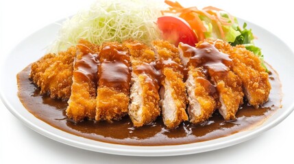 A mouthwatering plate of chicken katsu curry with crispy breaded chicken cutlet and Japanese curry sauce, Each bite's crunchy exterior and flavorful sauce showcased