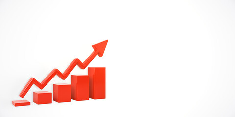 Red bar graph with an upward arrow on a white background. Represents growth, success, and business performance improvement. 3D Rendering