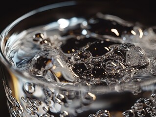 Close-up Macro Photography of Sparkling Water with Ice Cubes in Glass - Abstract Texture Background