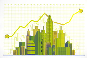 Abstract cityscape with skyscrapers and upward trend line on grid background, symbolizing business growth and economic progress. 3D Rendering