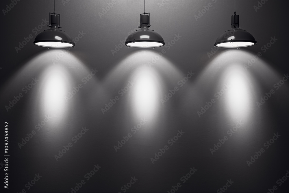 Aufkleber three black lamps illuminating a blank dark wall in an empty room. 3d rendering