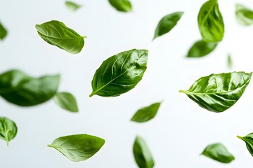 Fototapeta premium Fresh basil leaves floating in the air, vibrant green herb, isolated on white background