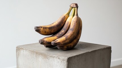 A sculptural arrangement of three ripe bananas on a concrete pedestal.