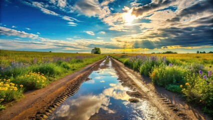Fototapeta premium Serene Country Road Reflecting a Vibrant Sunset Sky