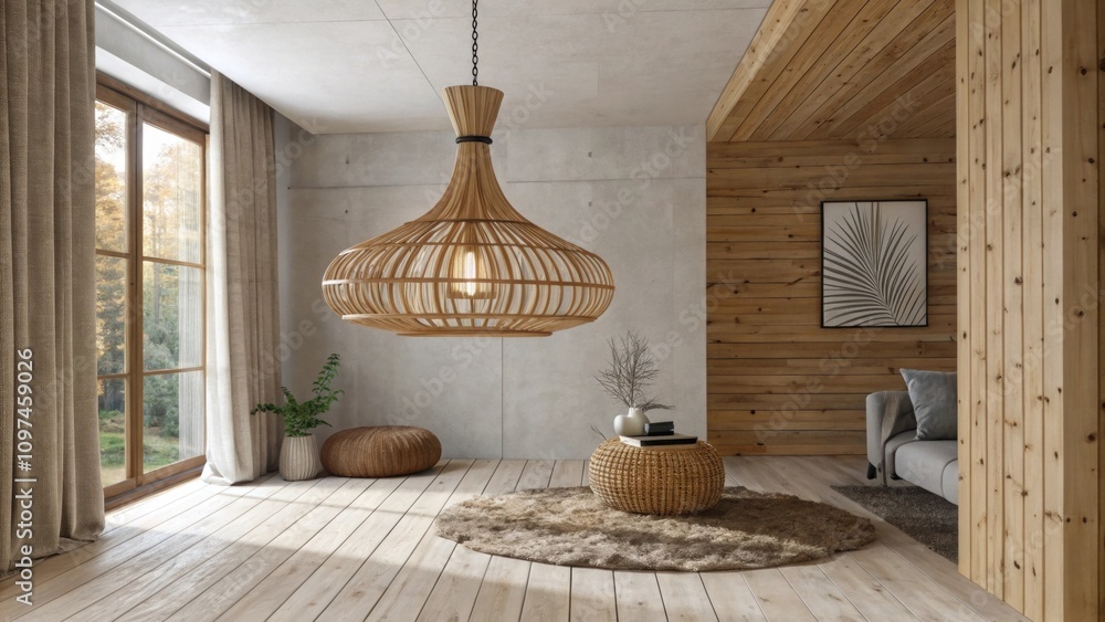 Aufkleber the ceiling showcases a minimalist chandelier crafted from bamboo adding warmth to the space. floor 