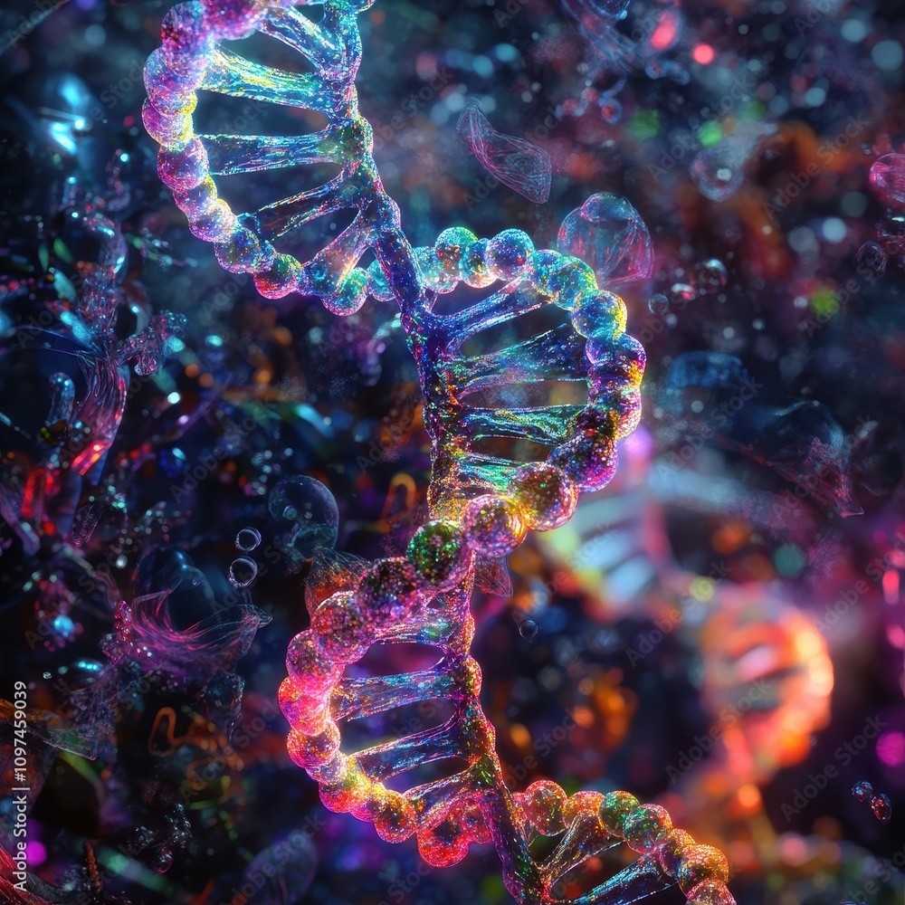 Poster vibrant artistic representation of dna double helix microscopic view of genetic code with sparkling,