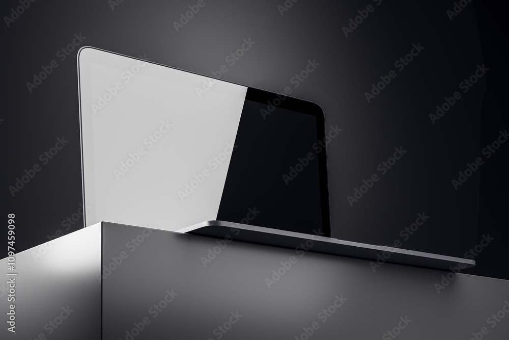 Poster Sleek modern laptop with blank screen displayed on a silver platform in a dark studio setting under a soft spotlight. 3D Rendering