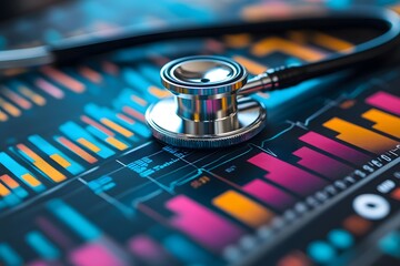 Stethoscope on digital screen with medical data and heartbeat graph, concept healthcare technology