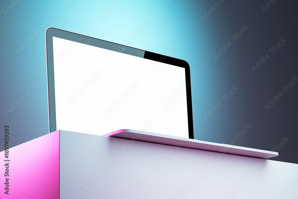 Poster Modern laptop with blank display on a gradient-lit surface in a studio spotlight setting. 3D Rendering