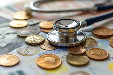 Stethoscope on various coins and banknotes, concept of healthcare costs, medical expenses