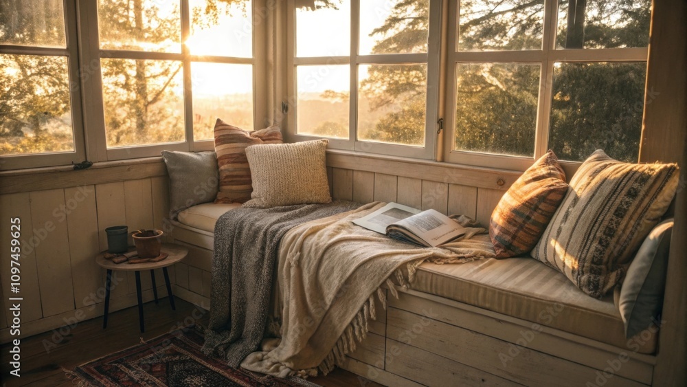 Poster sunlight filters gently through nearby windows casting a soft glow on the inviting sofa nook where l