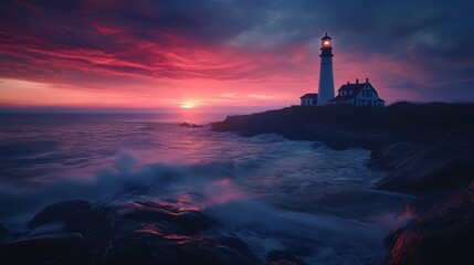 Fototapeta premium Dramatic Sunrise over Coastal Lighthouse with Ocean Waves - Vibrant Pink and Purple Sky