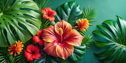 Vibrant Tropical Flowers and Lush Green Leaves Arranged on a Teal Background