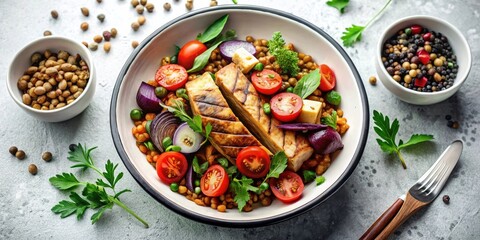 Grilled protein with lentil, vegetable, and herb bowl