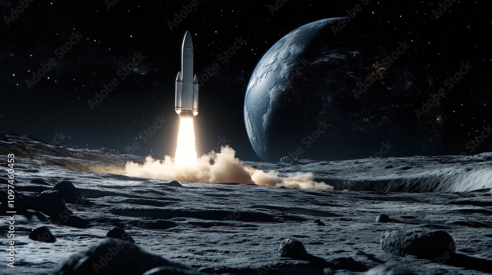 Poster dramatic space launch rocket ascending from lunar surface with earth in background - futuristic spac