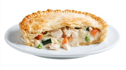 A mouthwatering plate of chicken pot pie with flaky crust and creamy chicken and vegetable filling, Each bite's comforting warmth and hearty flavors captured with precision