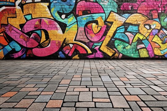 Vibrant graffiti art on brick wall, cobblestone street below. Perfect for urban, street art, or hip hop themed designs.