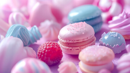 Obraz premium Pink and blue pastel color Closeup French macarons with blurred background Variety of Pastel color. Sweet and dessert Pastry
