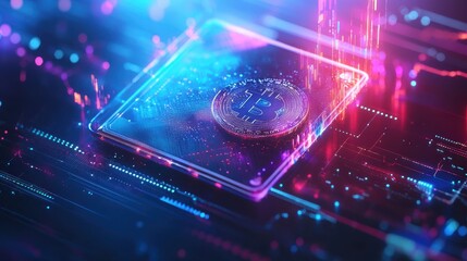 Obraz premium Futuristic Bitcoin Cryptocurrency Digital Coin on Neon Circuit Board - Abstract Technology Background
