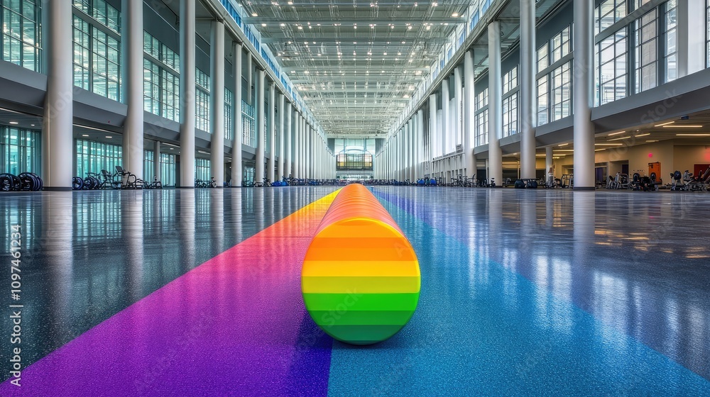 Aufkleber vibrant indoor hallway with colorful rainbow strip and round object creating a playful and artistic 