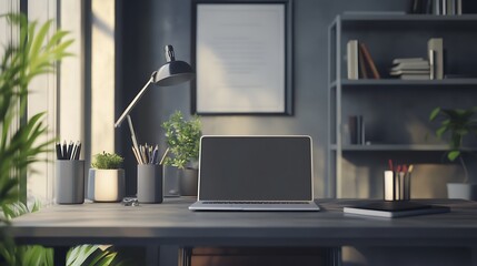 Modern Workspace Featuring Laptop Plants and Desk Lamp