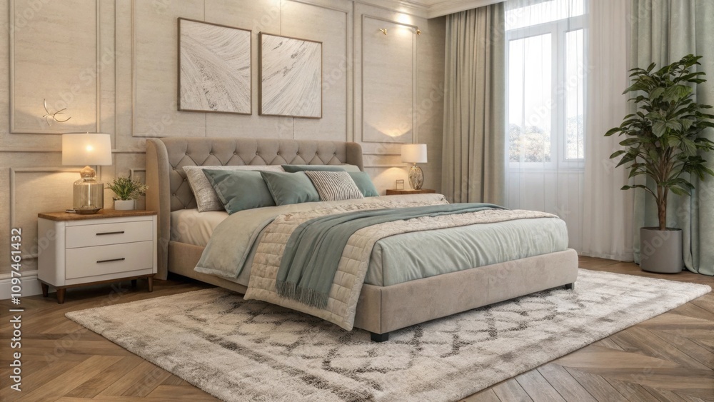 Poster surrounding the bed soft textiles invite relaxation with a plush area rug positioned beneath. pillow