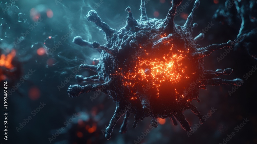Poster microscopic view of a virus with glowing core, 3d render, abstract science background