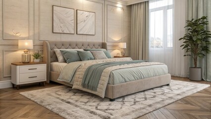Surrounding the bed soft textiles invite relaxation with a plush area rug positioned beneath. Pillows in calming shades add a touch of comfort without overshadowing the simplicity.